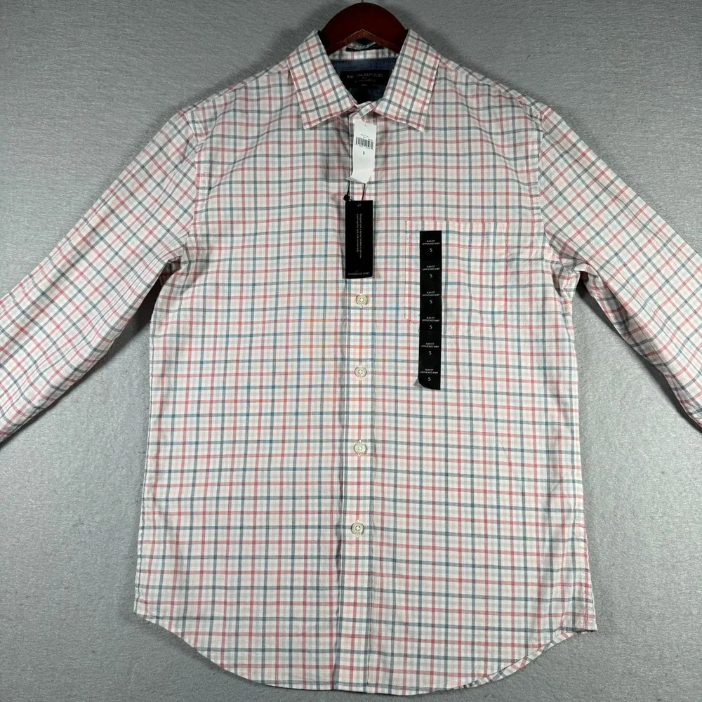 Banana Republic Mens Slim Untucked Fit Organic Cotton Plaid Shirt Red White S
